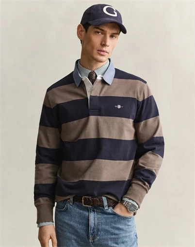 Gant - Reg Chambray Stripe Heavy Rugger Polo - Black Brown Melange